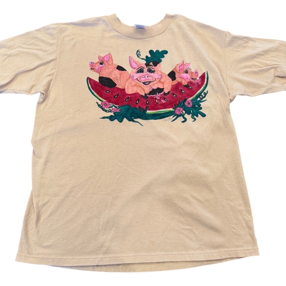 Vintage Jerzees Tan T-Shirt Hand Painted Pigs Watermelon Graphic XL Made in USA - Picture 1 of 8